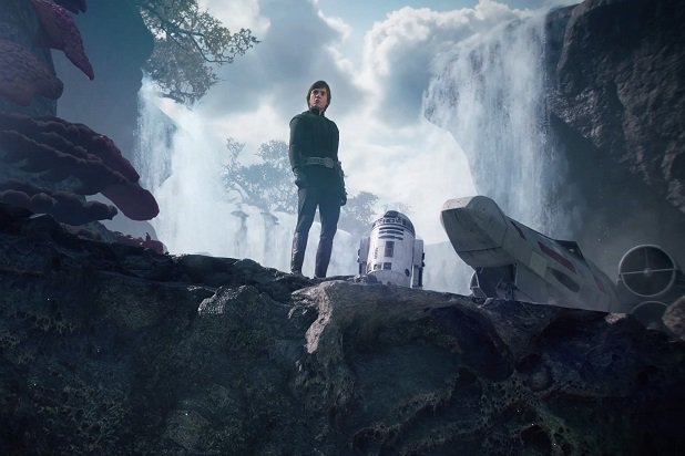 A scene picturing two of the characters from the Star Wars franchise, Luke Skywalker and R2-D2, as they look out from over a cliff during a cut-scene front the game Star Wars: Battlefront 2.